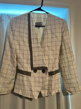 Le Suit Windowpane Plaid Blazer Womens Size 6 Cropped Career Jacket White Black
